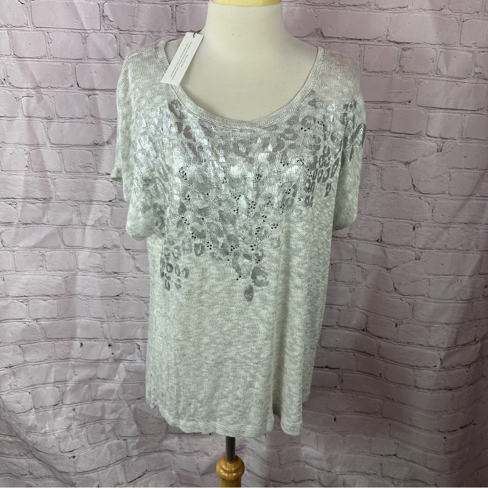 NWT chico's leopard terrain hailie high low knit top silver grey sz 3 (XL 16)